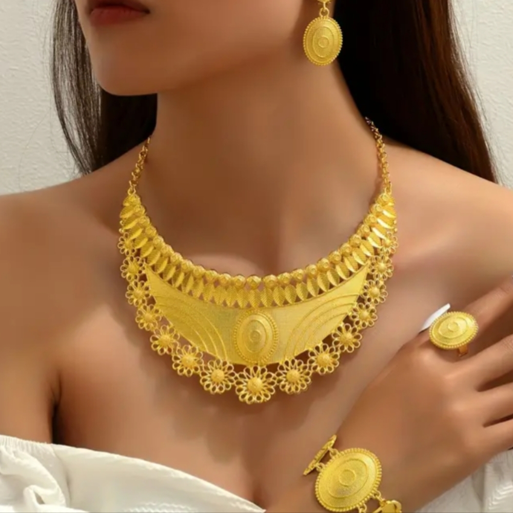 24kt Gold Plated Women's Ancient Greek Earring Necklace Bracelet & Ring Set
